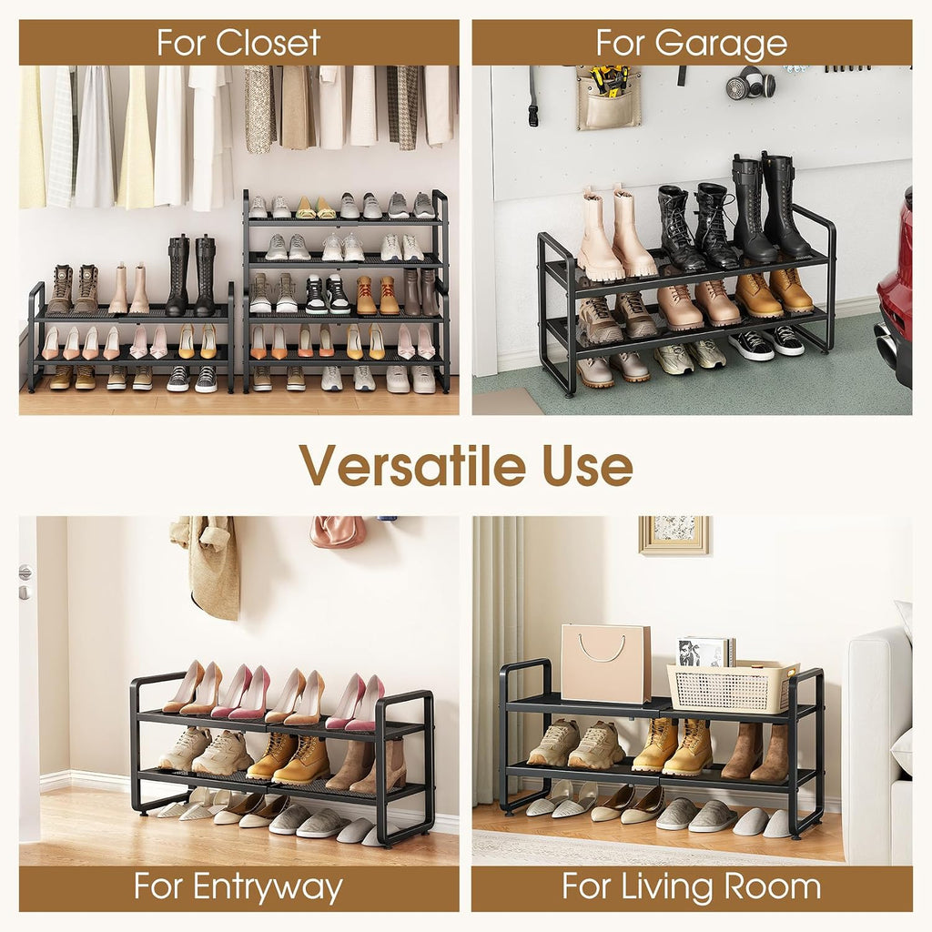 SAYZH Expandable Shoe Rack for Closet, Adjustable Metal Shoe Organizer with Sturdy Mesh Shelves for Boots & Heels, Stackable Shoe Storage for Entryway, Garage, Small Spaces (Black, 2-Tier)
