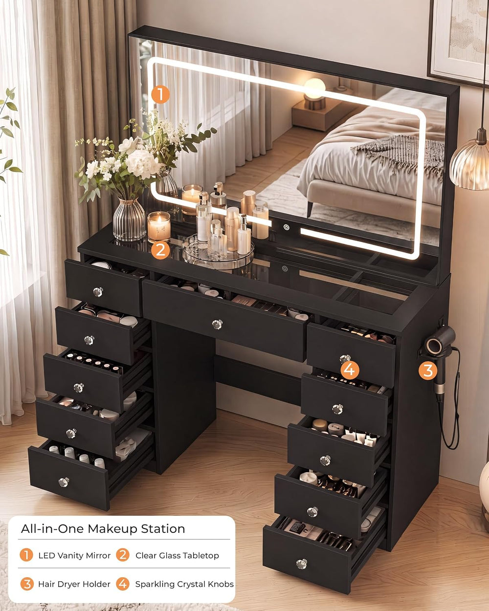 Otterease Black Makeup Vanity with Mirror and Lights,11 Drawers & Glass T...