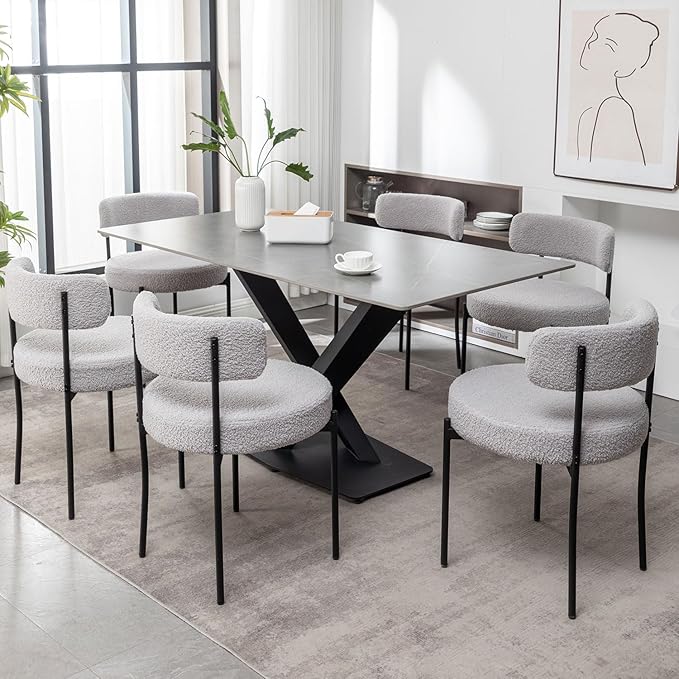 Boucle Dining Chairs Set of 2, Upholstered Dining Room Chairs with Black Metal Legs, Round Modern Dining Chair for Dining Room, Kitchen (Light Grey)