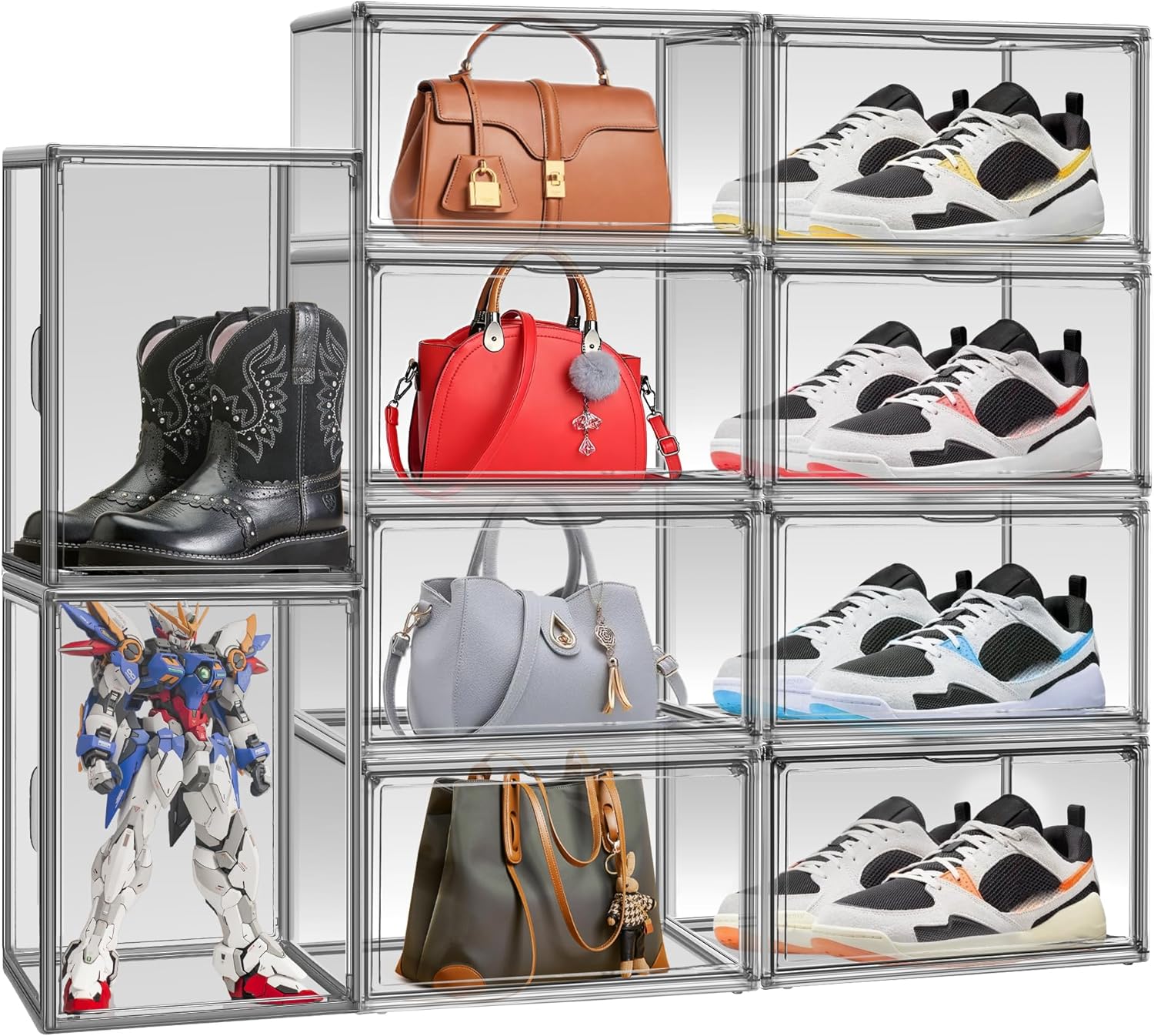 10 Pack Size 12 Shoe Boxes for Closet Clear Plastic Stackable Shoe Organizer Storage Bins with Lids, Under Bed Shoe Containers for Entryway