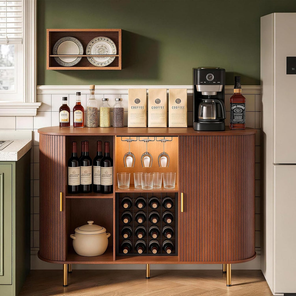 DHH 55" Wine Bar Cabinet with Storage, Fluted Liquor & Coffee Bar Cabinet with Wine Rack and Glass Holder, Buffet Sideboard with LED Lights for Home Kitchen Living Dining Room(Walnut)