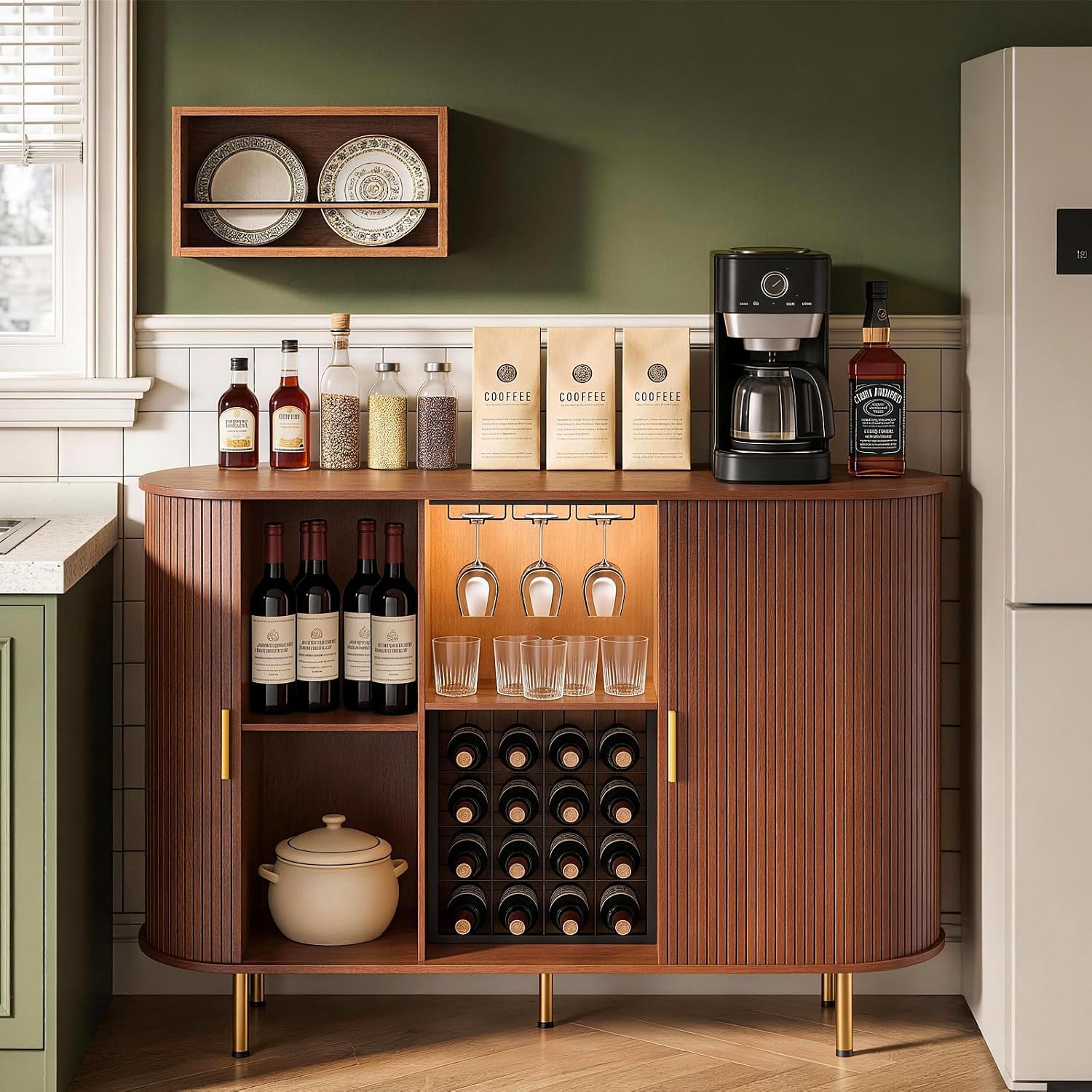 DHH 55" Wine Bar Cabinet with Storage, Fluted Liquor & Coffee Bar Cabinet with Wine Rack and Glass Holder, Buffet Sideboard with LED Lights for Home Kitchen Living Dining Room(Walnut)