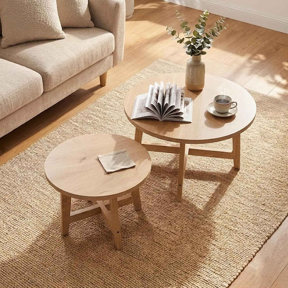 Round Nesting Coffee Tables, Set of 2, Natural Wood Finish Modern Side Tables...