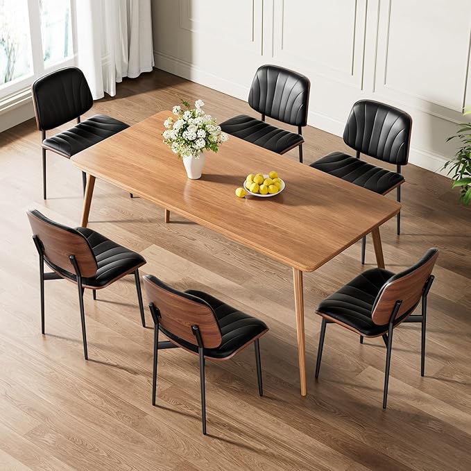 Dining Chairs Set of 6, Mid-Century Modern Upholstered PU Leather Chairs with Walnut Bentwood Back and Metal Legs Adjustable Feet for Kitchen Dining Room, Black Shell Strips