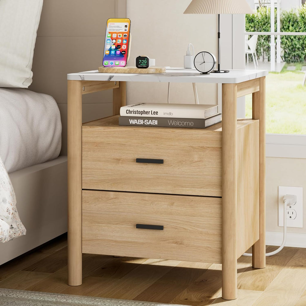 Night Stand with Charging Station, 20" Large Modern Nightstand with Faux Marble Top, 2 Drawers End Table with Solid Round Post Legs & Open Shelf for Bedroom, Natural Oak