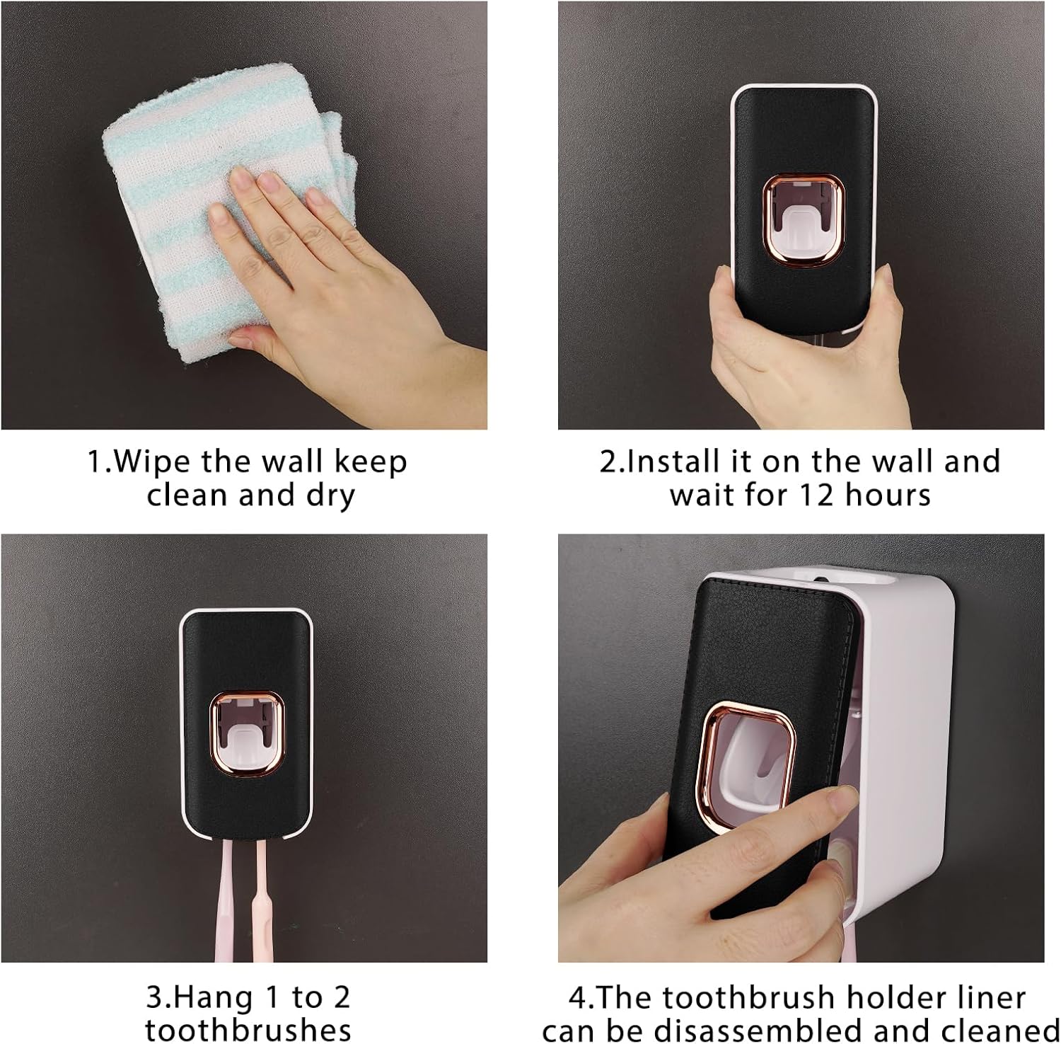 2 Slot Plastic Toothbrush Holder and Toothpaste Dispenser Wall Mounted, Automatic Toothpaste Squeezer, 2 in 1 Tooth Brush Toothpaste Organizer for Shower (Black)