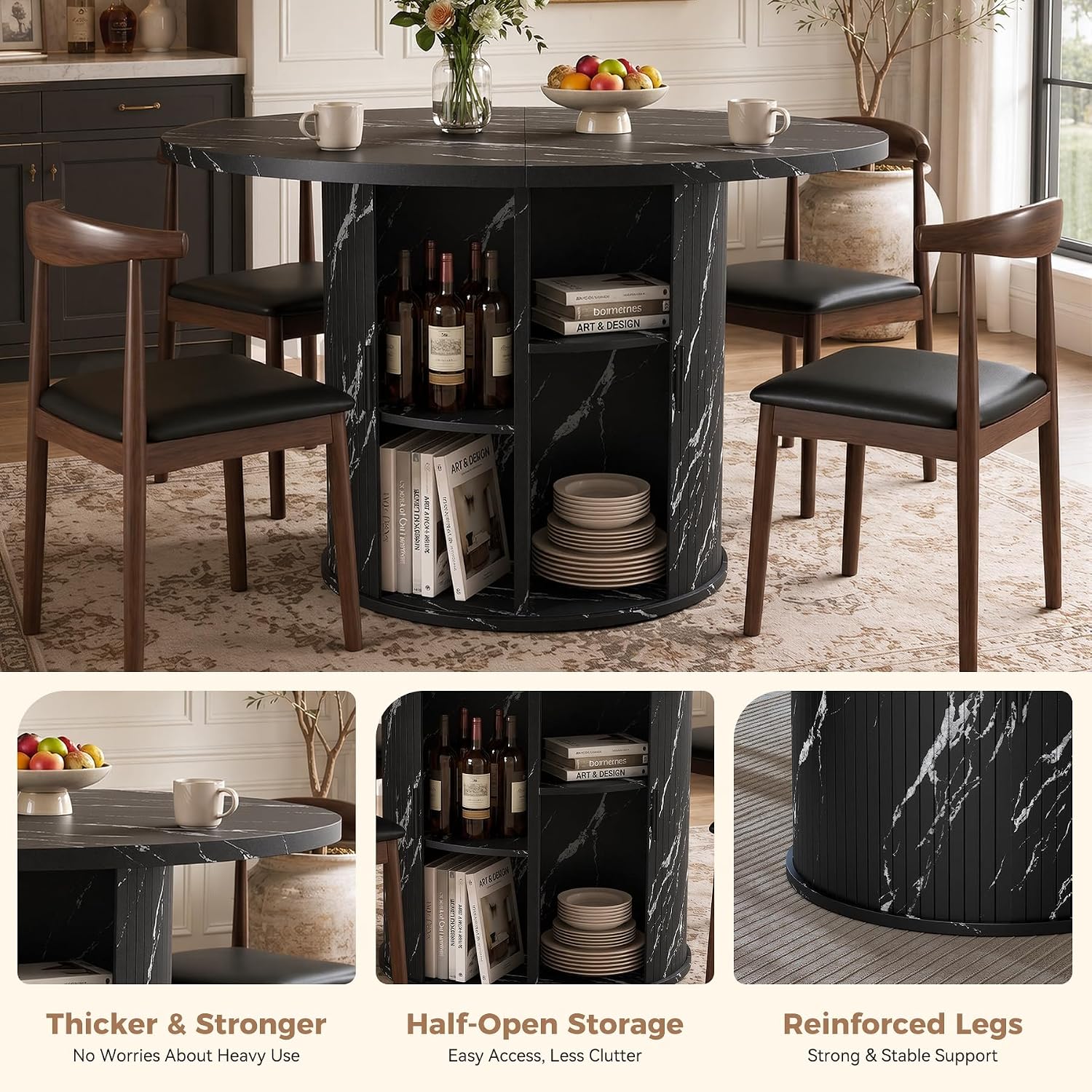 Nalupatio 47 Inch Round Dining Table for 4, Modern Farmhouse Kitchen Table with Half-Open Storage Shelf & Sliding Door, Circle Dinner Table for Dining Room, Black Faux Marble