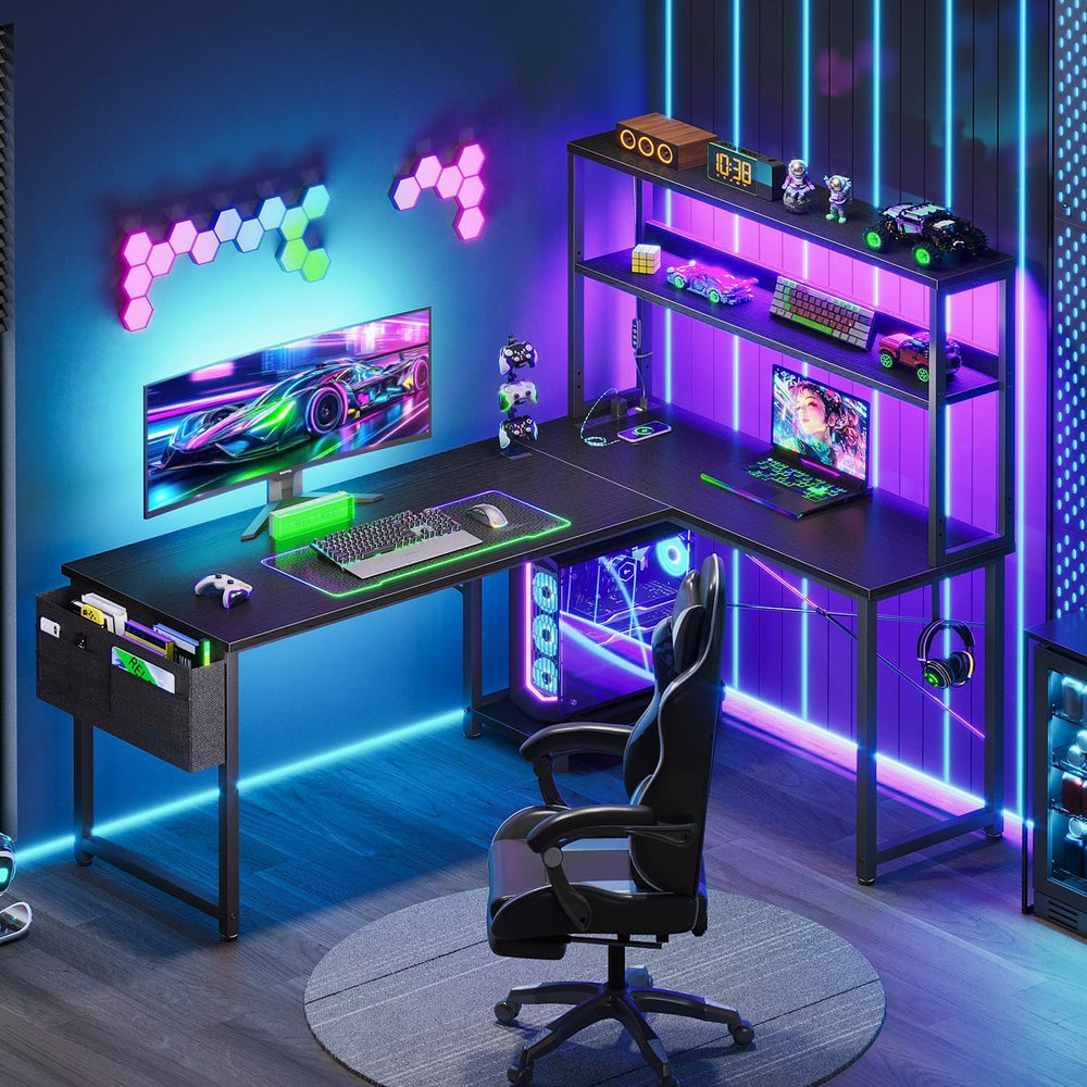 AODK L Shaped Desk Gaming Desk with LED Light & Power Outlet | 53 Inch Bl...