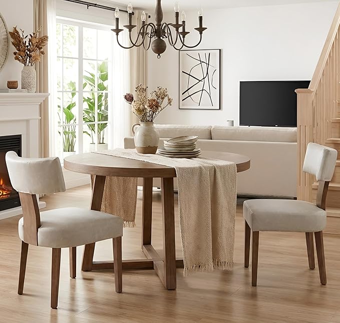Grey Leather Dining Chairs Set of 2, Upholstered Wooden Dining Room Chairs, Mid Century Modern Farmhouse PU Kitchen Chairs, Accent Armless Side Chairs with Curved Back for Living Room, 2PCS