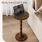 Small Round Side Table - End Tables for Living Room, Vintage Accent Drink Table for Small Spaces, Bedroom, Corner, Solid Wood Couch Side Tables with Wooden Pedestal, Modern Nightstand, Walnut