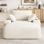 69” Oversized Chaise Lounge Chair Indoor, Modern Boneless Chaise Lounge Reading Chairs with 4 Side Pockets and 2 Cup Holders, Comfy Corduroy Sleeper Sofa Bed for Living Room Bedroom, Warm White
