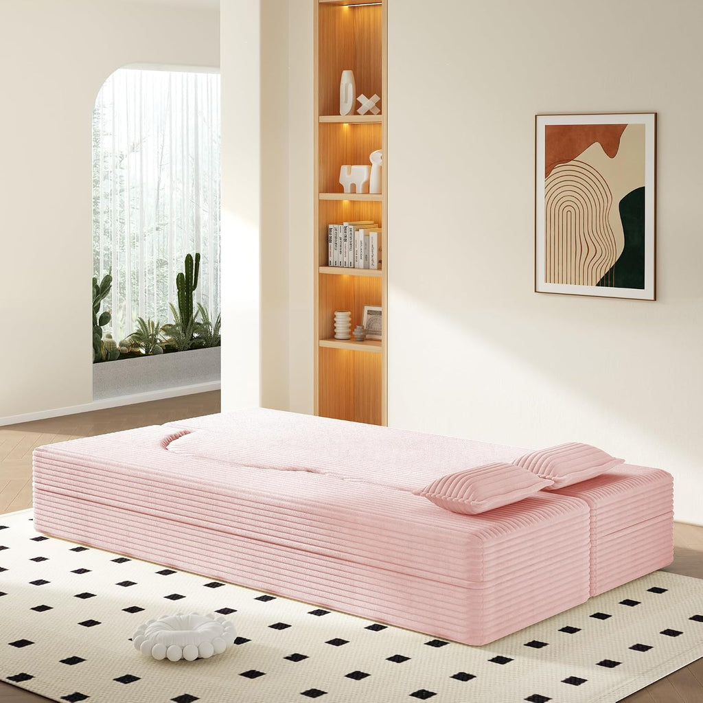 Convertible Folding Sofa Bed, 2-in-1 Full Size Floor Boneless Couch Bed, Corduroy Loveseat sleeper Couch Floor Sofa, Memory Foam Sleeper SofaBed, Small couches for small spaces, No Assembly, Baby Pink
