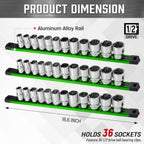 ALOANES 3-Piece Magnetic Socket Organizer, Heavy Duty Aluminum Socket Rails Organizer, 360° Swivel Clips Socket Holder Kit for Tool Box, 1/2-Inch Socket Holder x 36 Clips (Green)