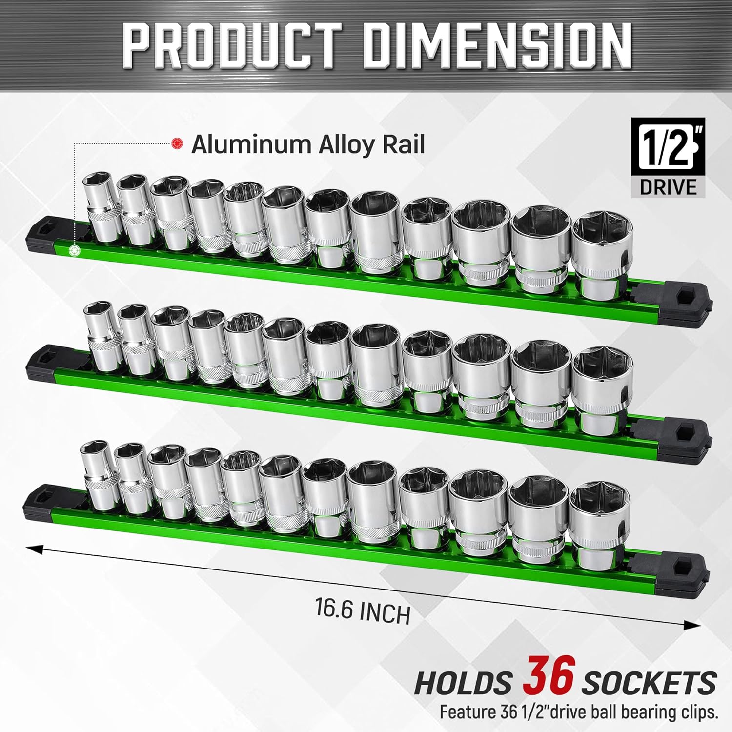 ALOANES 3-Piece Magnetic Socket Organizer, Heavy Duty Aluminum Socket Rails Organizer, 360° Swivel Clips Socket Holder Kit for Tool Box, 1/2-Inch Socket Holder x 36 Clips (Green)