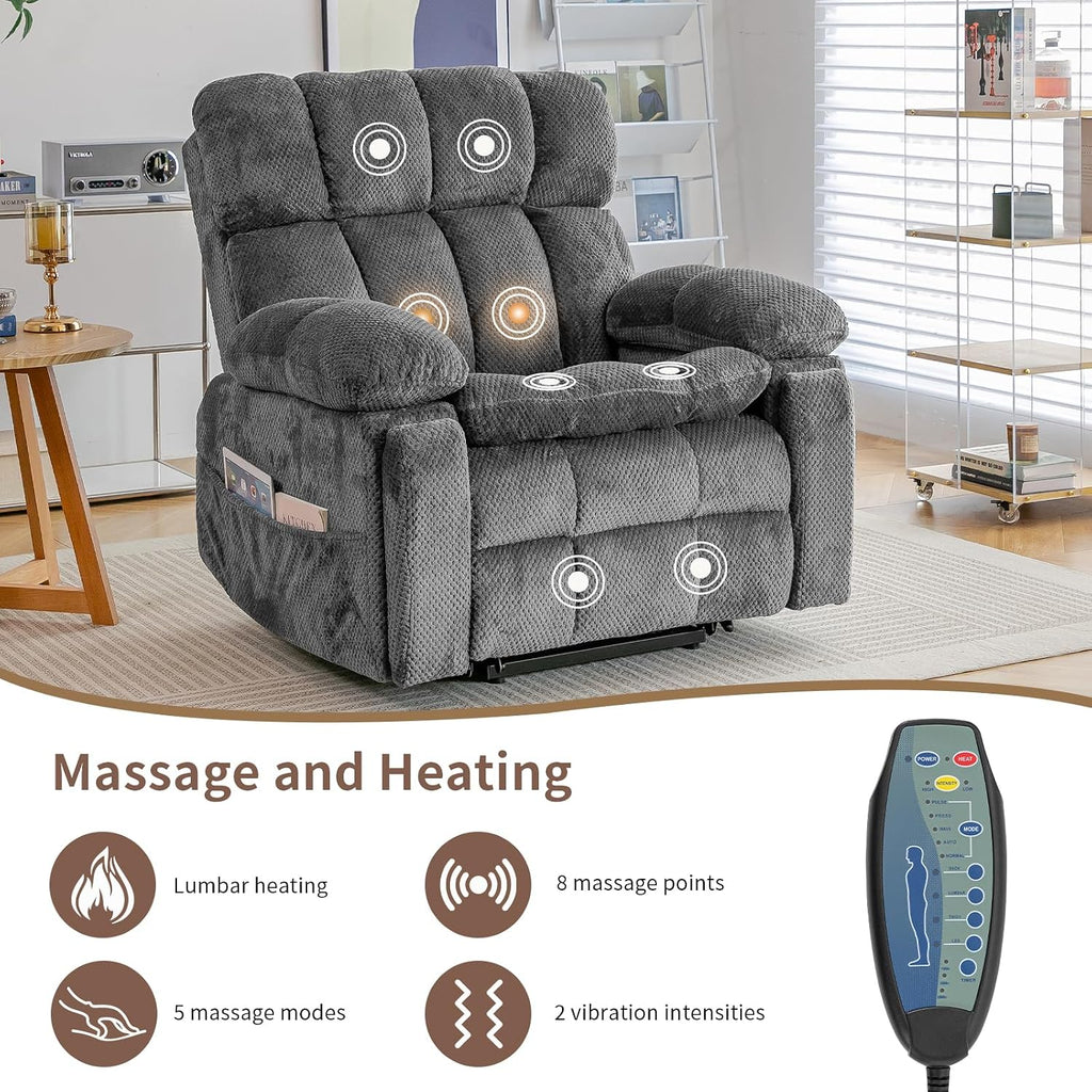 Dual Motor Power Lift Chair 26" Extra Wide Recliner Chair for Elderly with Headrest, Flip Arm Storage,Massage & Heat,Oversized Lay Flat Recliner with Cupholders,USB Ports,Type C,Zero Gravity
