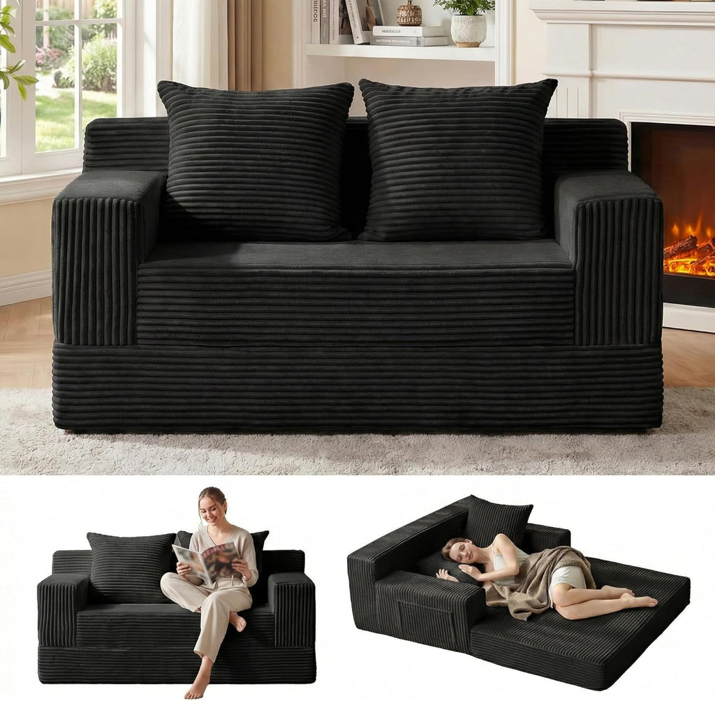 Erament Loveseat Boneless Convertible Sofa Bed, Folding Floor Futon Sleeper Sofa Couch Bed- Boneless Foldable Couch, Corduroy Pull Out Sofa Bed with 2 Pillows for Living Room & Bedroom