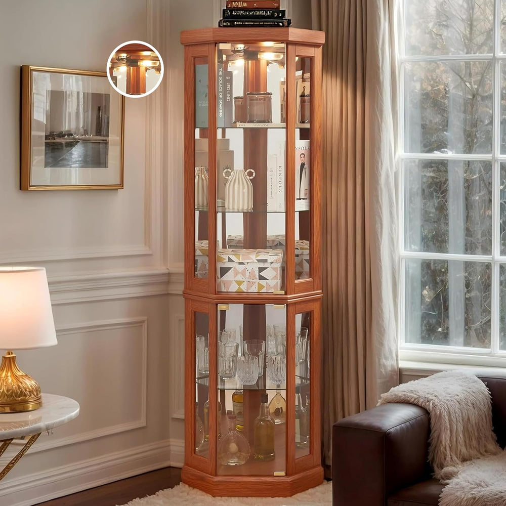 70" Lighted Corner Curio Cabinet, Wood China Display Case with Tempered ...