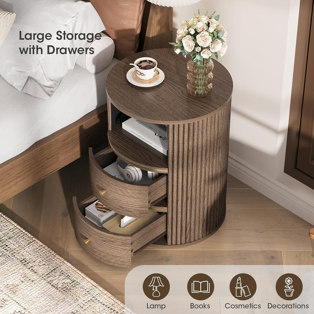 JOINICE Round End Tables Living Room, Fluted End Table with 2 Drawers and Ope...