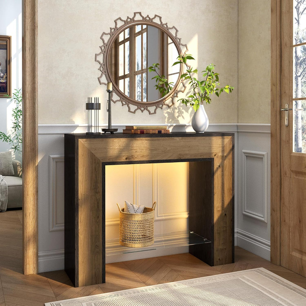 Rustic Console Table with Light, 41” Entryway Table with Glass Open Shelf | F...