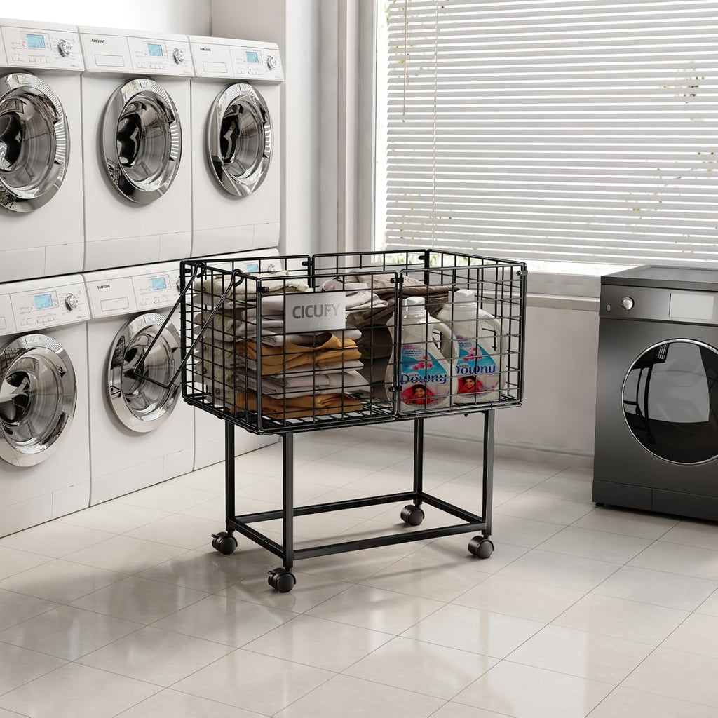 Wire Laundry Hamper, 80L Rolling Laundry Basket Cart on Wheels, Dirty Clothes Basket with Handle, Metal Clothes Hamper Organizer for Laundry Room, Bathroom, Bedroom, Dorm, Black
