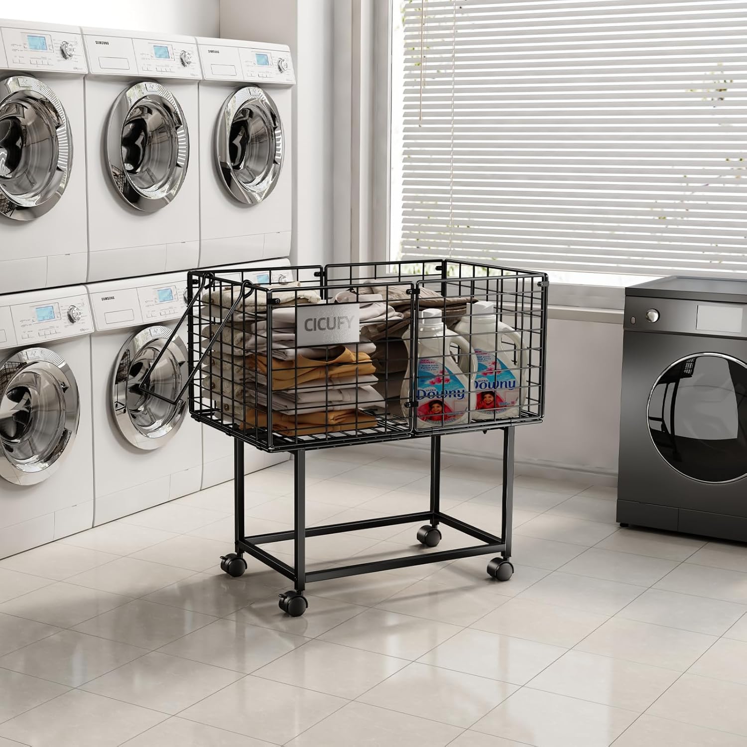 Wire Laundry Hamper, 80L Rolling Laundry Basket Cart on Wheels, Dirty Clothes Basket with Handle, Metal Clothes Hamper Organizer for Laundry Room, Bathroom, Bedroom, Dorm, Black