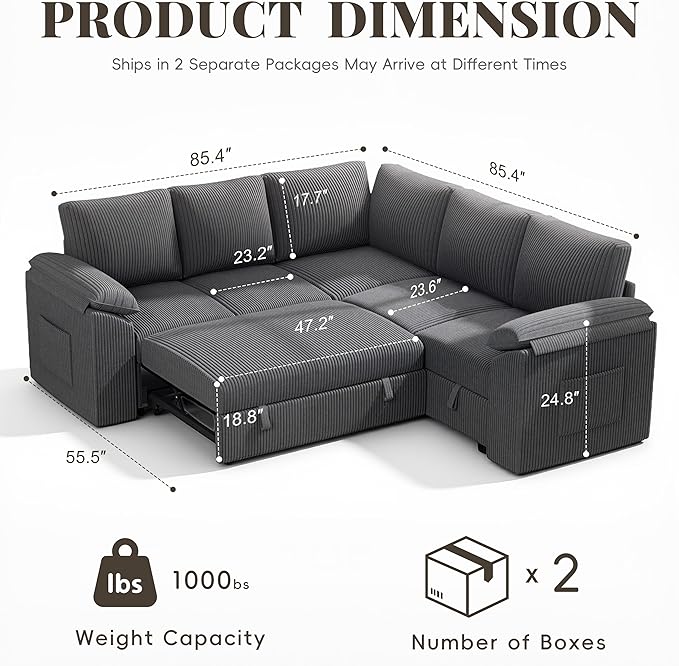 85 Inch Modular Sectional Sofa with Pull Out Couch Bed, L Shaped 5 Seat Sectional Couch with Storage, Corduroy Sectional Couches for Living Room, Cloud Modular Couch, Removable Sofa Cover, Dark Grey