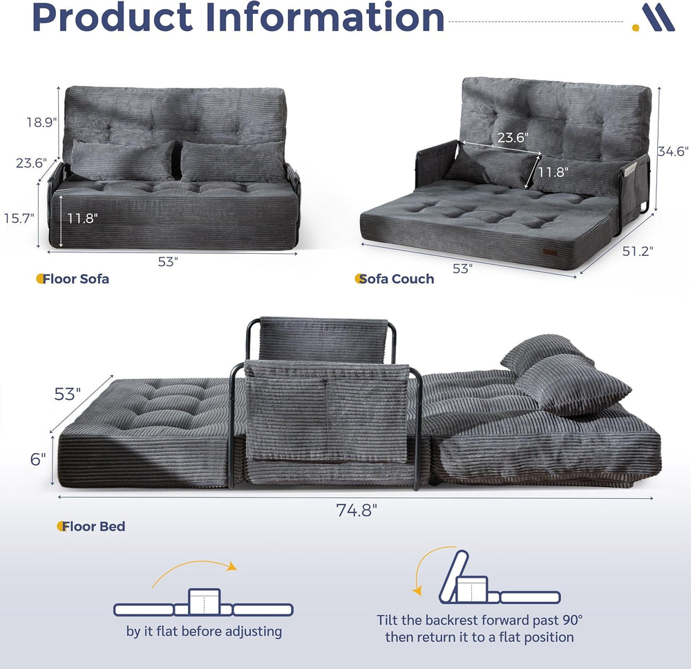 MAXYOYO Adjustable Folding Sofa Bed Couch with 2 Pillows, Dark Grey | Multi-F...