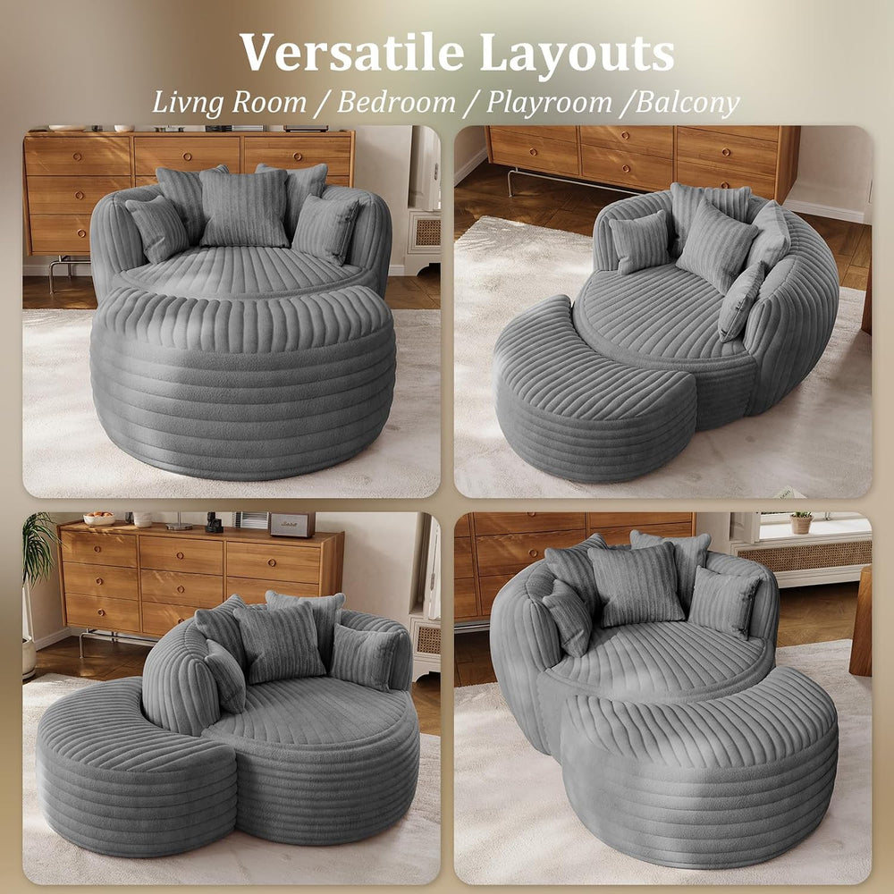 ONEMMLION 50" Oversized Round Chaise Lounge with Ottoman, Corduroy, Grey...