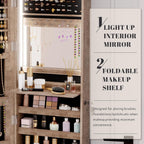 Vlsrka 47.2 Inch Full Length Mirror with Storage, Wall Mount Mirror Jewelry Cabinet, Over The Door Hanging Jewelry Armoire Organizer, Built-in Light, 4 Drawers, 5 Shelves, Lockable (Wood)