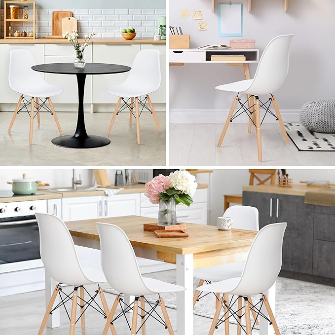 SUPER DEAL Modern Dining Chairs Set of 4 Plastic DSW Shell Lounge Chair Mid Century Side Chairs with Solid Wood Legs for Living Room, Kitchen, Dinning Room, Bedroom, White