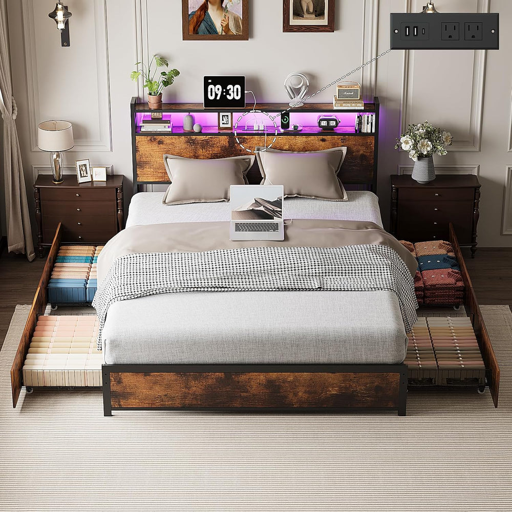 VINGLI Queen Bed Frame with 4 Storage Drawers and Headboard, Metal Platform P...