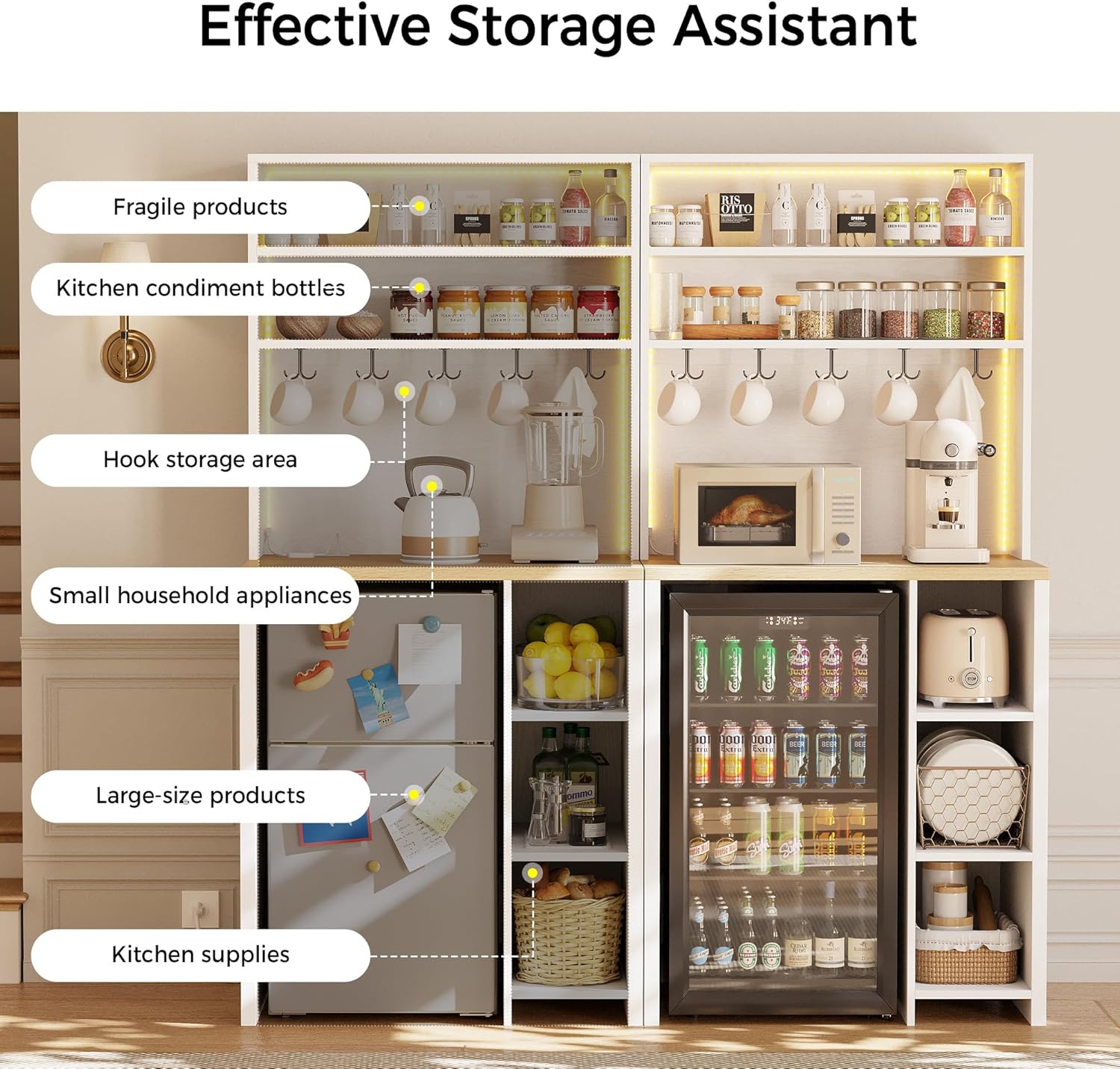 IRONCK Bakers Rack with Mini Fridge Space & Power Outlets, 69.3" Coffee Bar Station with LED Lights, 7-Tier Kitchen Microwave Stand with Hooks & Wooden Backboard, Space-Saving Utility Organizer, White