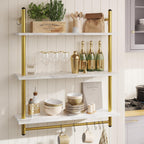 Bestier 31" Industrial Pipe Shelving, Floating Kitchen Wall Shelves 3 Tier Coffee Bar Shelves for Wall with 8 Hooks, Hanging Display Shelf Bookshelf for Living Room Bathroom, White Marble