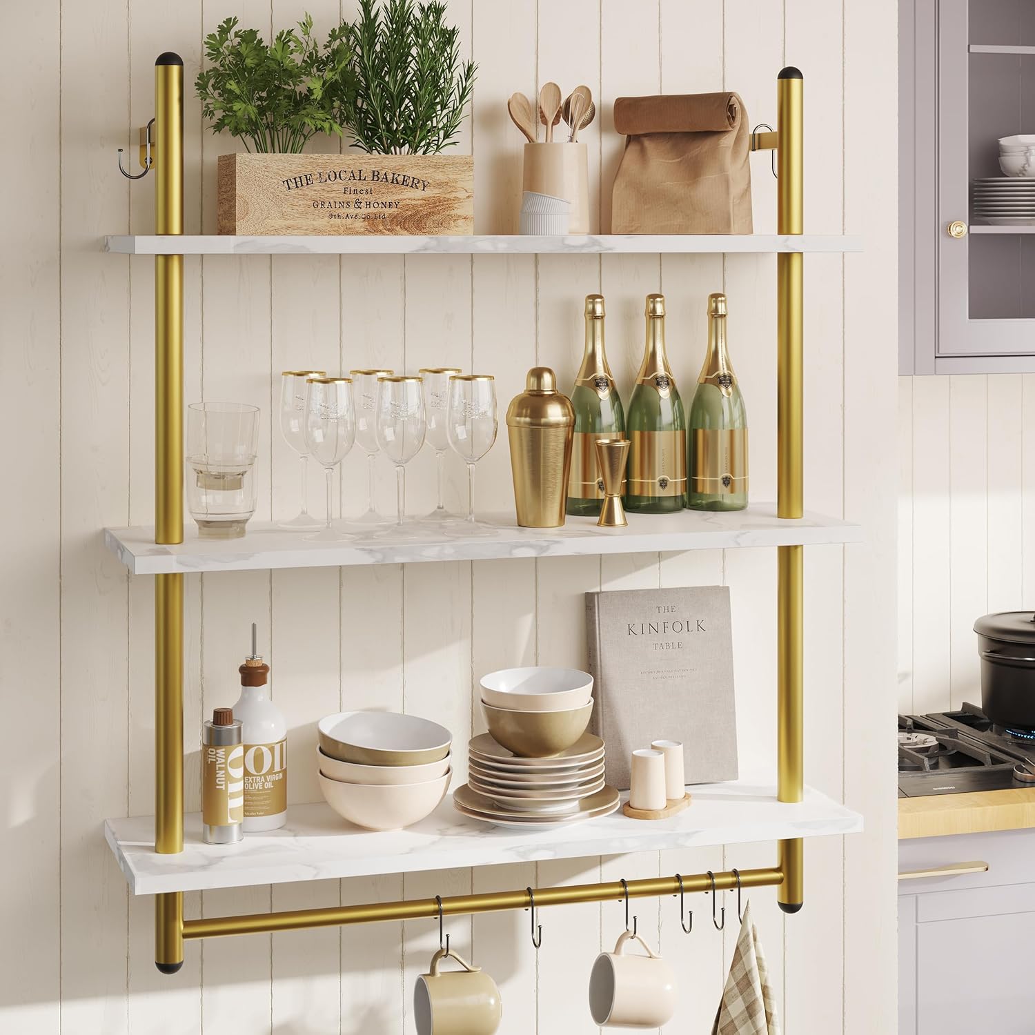 Bestier 31" Industrial Pipe Shelving, Floating Kitchen Wall Shelves 3 Tier Coffee Bar Shelves for Wall with 8 Hooks, Hanging Display Shelf Bookshelf for Living Room Bathroom, White Marble