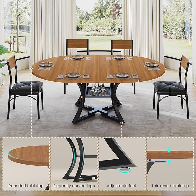 Itaar Round Extendable Dining Table Set for 4-6 People, 5-Piece Kitchen Table Set with 4 Cushion Chairs, Dining Room Table for 6 with MDF Board & Metal Frame for Small Space, Easy Clean, Brown