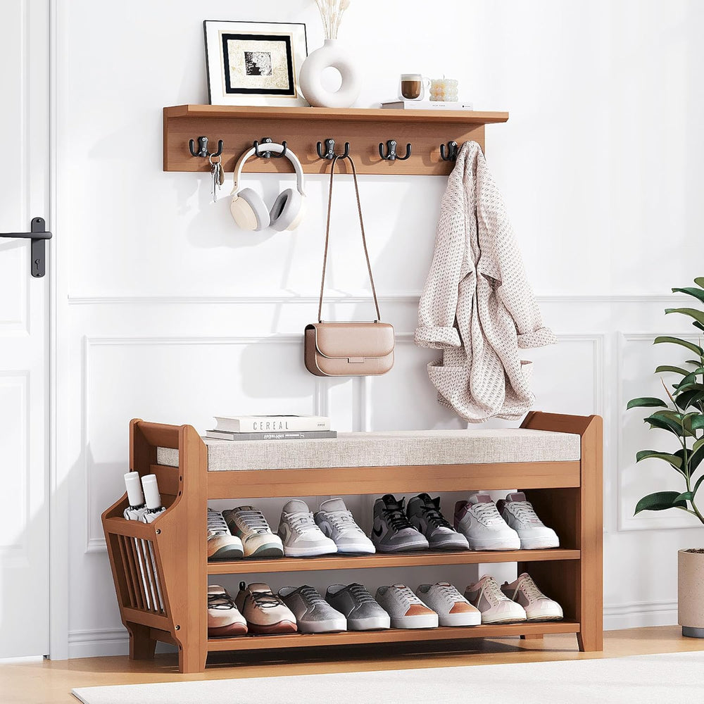 PETKABOO 31.5" Shoe Bench with Coat Rack Hidden Drawer and Side Holder, ...