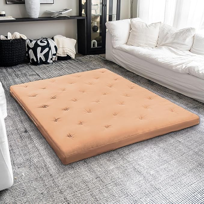 ZonLi Japanese Floor Futon Mattress Queen Size 60"x 80",100% Cotton Cover 4'' Thicken Tatami Mattress,Foldable Sleeping Pad,Portable Dormitory Tatami Mat,Roll Up Floor Lounger Bed for Adult (Burro)