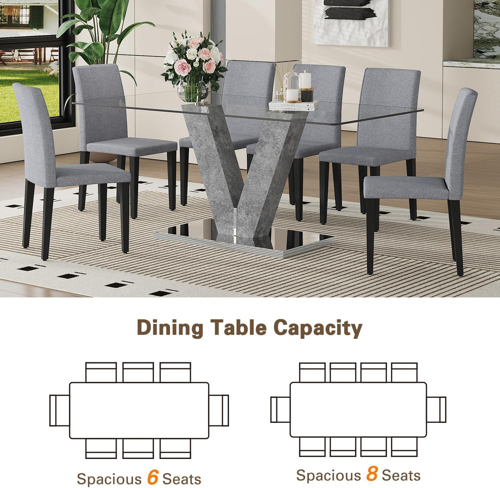 71" Glass Dining Table Set for 6, 7-Piece Glass Dining Table Set with Ch...