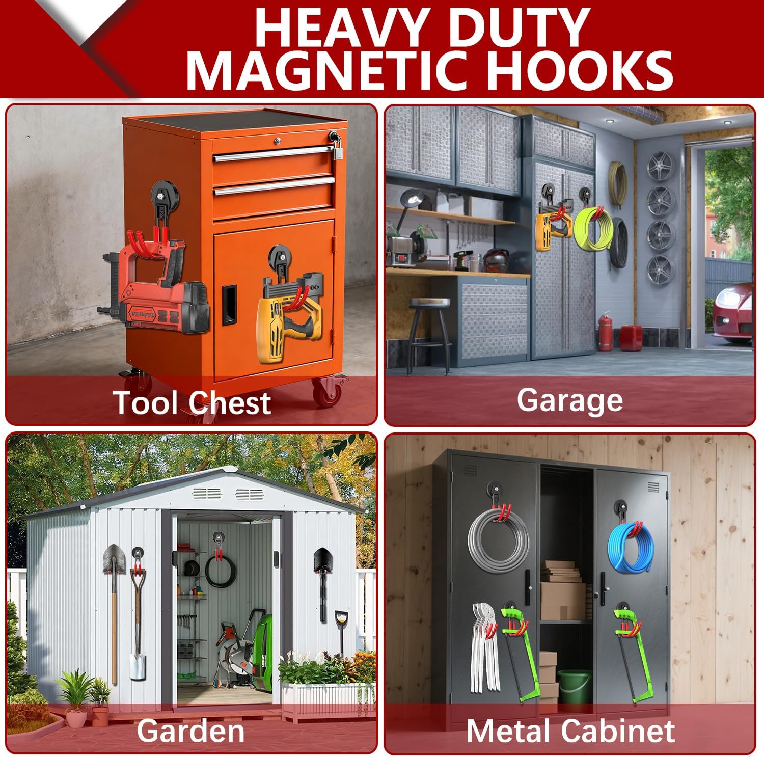 3-H Heavy Duty Magnet Garage Hooks 4 Pack, J Shape Strong Magnetic Hooks for Hanging Cordless Power Drill, Utility Magnetic Tool Holder for Metal Cabinet, Steel Pegboard, Toolbox, Garage(Red)