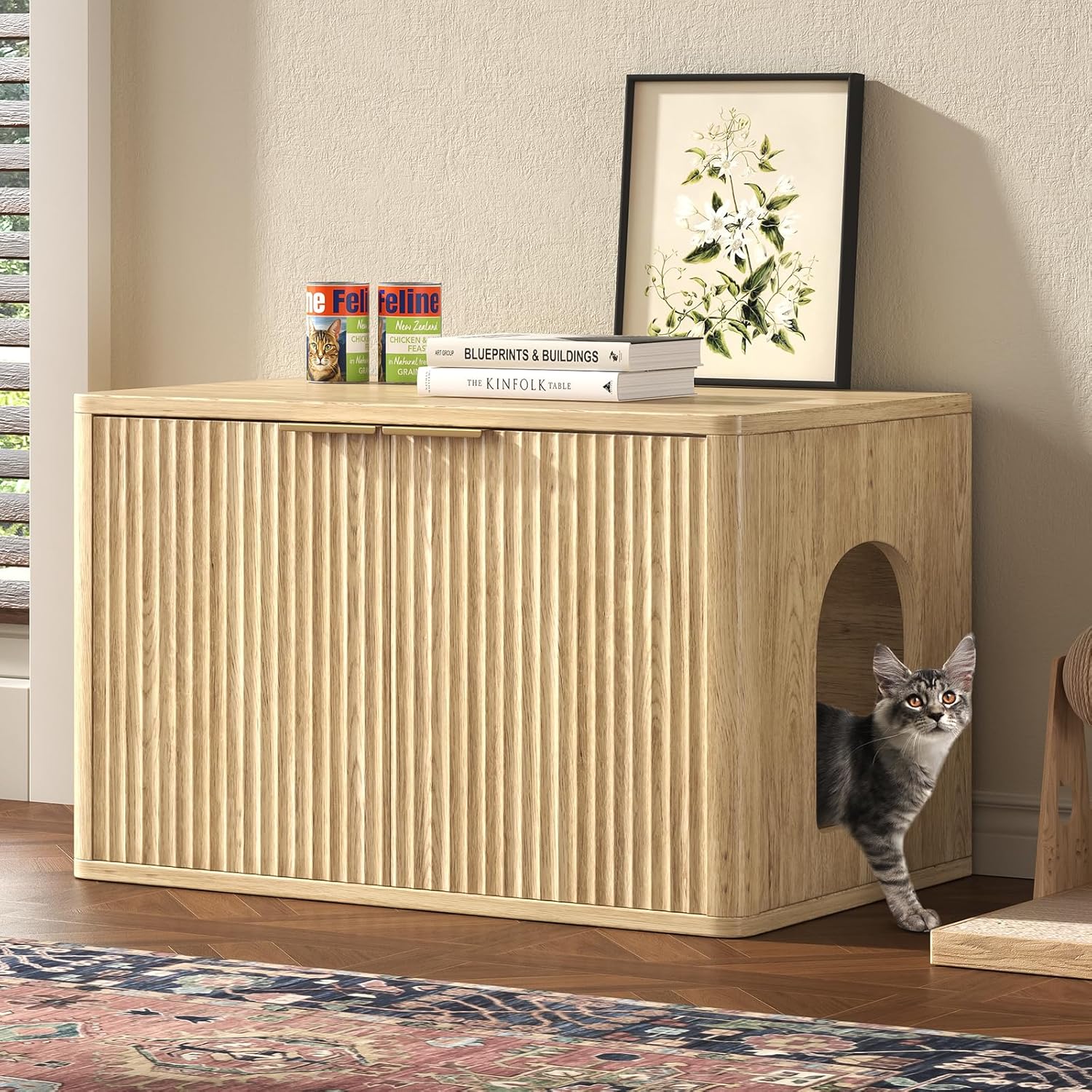 31.5" Oak Cat Litter Box Enclosure Furniture, Large Decorative Hidden Litter Box Cabinet, Fluted Modern Bohemia Kitty End Table for Living Rooms, Entryways, or Bedrooms