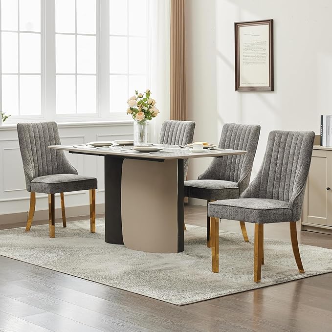 Grey Mid Century Dining Chairs Set of 4, Modern Kitchen & Dining Room Chairs Set of 4, Chenille Fabric Upholstered Kitchen Chairs for Dining Table, Sillas de Comedor, Gold Legs (Gray, 4 Pcs)