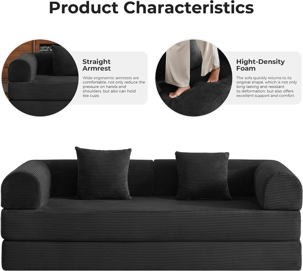 79" Convertible Sofa Bed, Boneless Couches for Living Room | Corduroy Futon Sofa Bed with Pocket Springs, Modular Sleeper Couch in a Box, No Assembly, Black