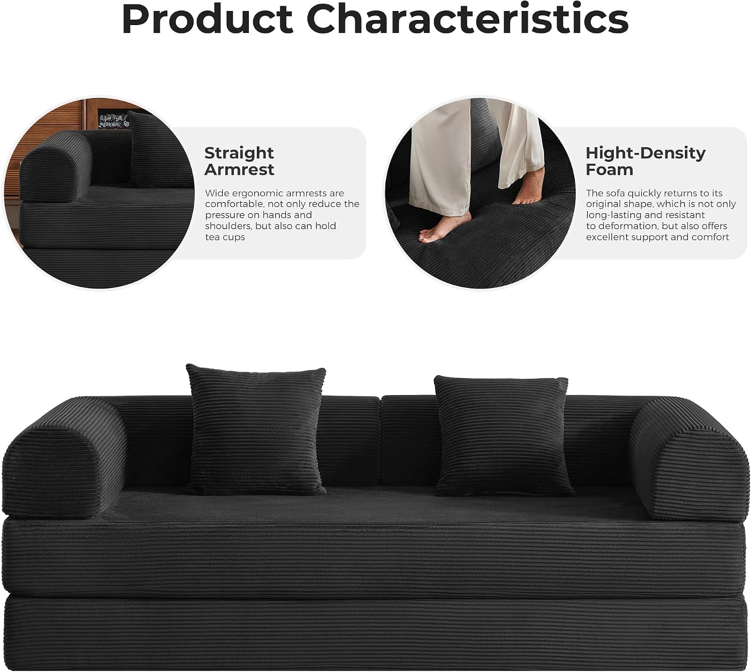 79" Convertible Sofa Bed, Boneless Couches for Living Room | Corduroy Futon Sofa Bed with Pocket Springs, Modular Sleeper Couch in a Box, No Assembly, Black