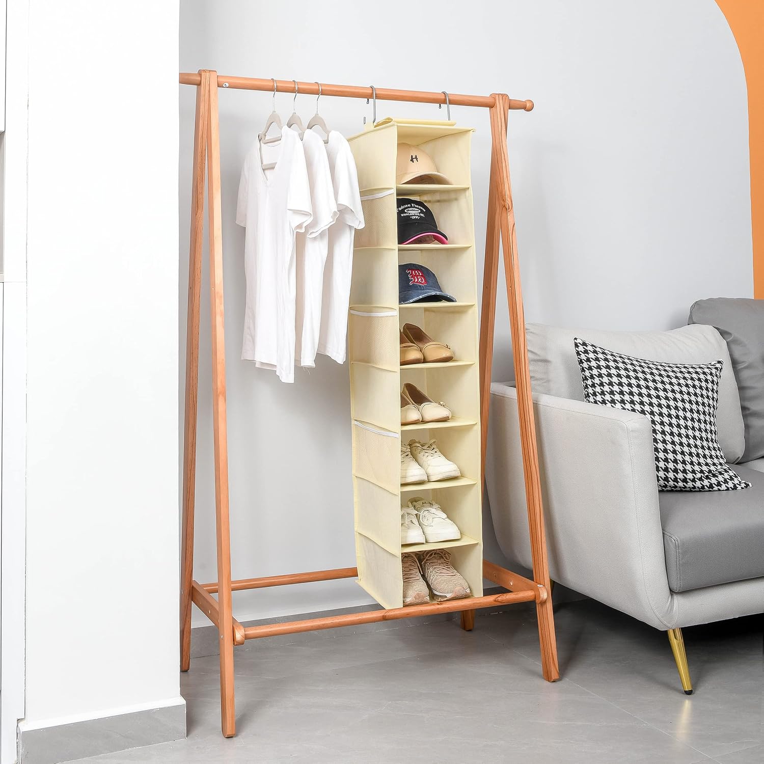 Berdeng Hanging Shoe Organizer for Closet with Side Mesh Pockets，Hat Racks for Baseball Caps，Shoe and Hat Holder & Storage，8-Shelf，Beige，1 Pack