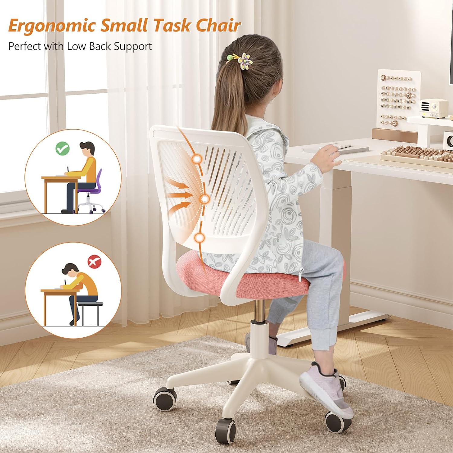 JPBSTO Armless Desk Chair, Height Adjustable Swivel Office Rolling Task Chairs with Soft Mesh Padded Cushion, Ergonomic Small Study Computer Chair for Girls Boys Teens, Pink