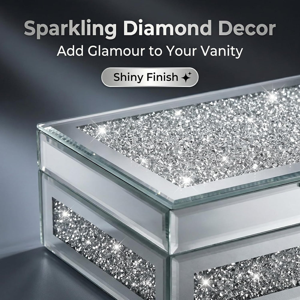 Mirrored Jewelry Box with Lid, Crushed Diamond Bling Jewelry Organizer for Wo...