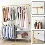 Gold Pipe Clothes Racks with White Shelves, Industrial Pipe Gold Clothing Rack with Double Hanging Rods, Heavy Duty Wall Mounted Clothing Rack Rod for Closet Storage, Bedroom