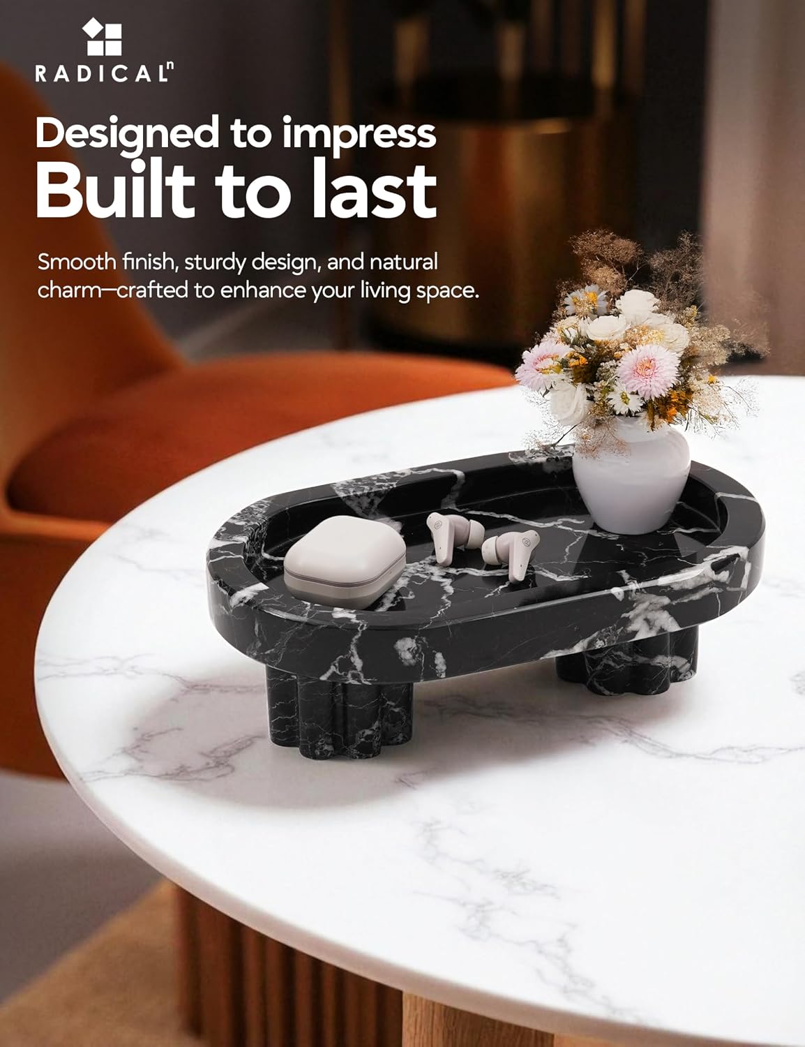 Radicaln Marble Tray with Feet 10" Decorative Bathroom Vanity Tray | decorative tray, Black Handmade Natural Stone, Marble Oval Tray, Pedestal Tray, Elegant Home Decor