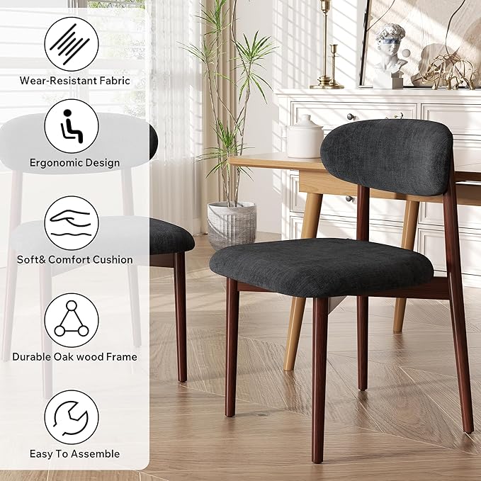 Wooden Dining Chair Set of 8, Modern Dining Chairs with with Curved Back, Fabric Upholstered Kitchen Dining Room Chairs with Adjustable Legs for Farmhouse Dining Living Room,Dark Grey