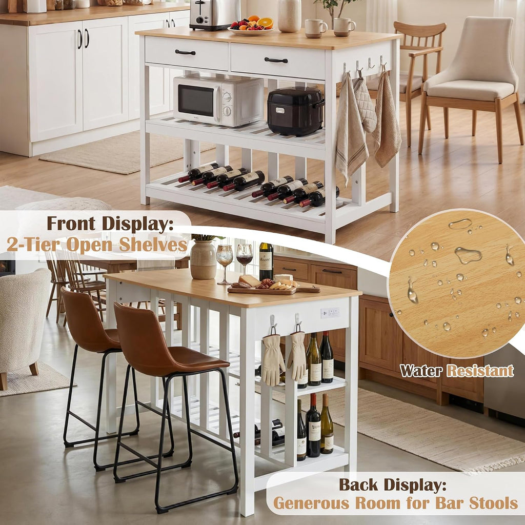 47.2" Kitchen Island with Storage & Wine Rack, Modern Stationary Island Table with Large Worktop - Features 3-Tier Shelf, 2 Drawers, Power Outlets & Hooks for Dining & Coffee Bar, White